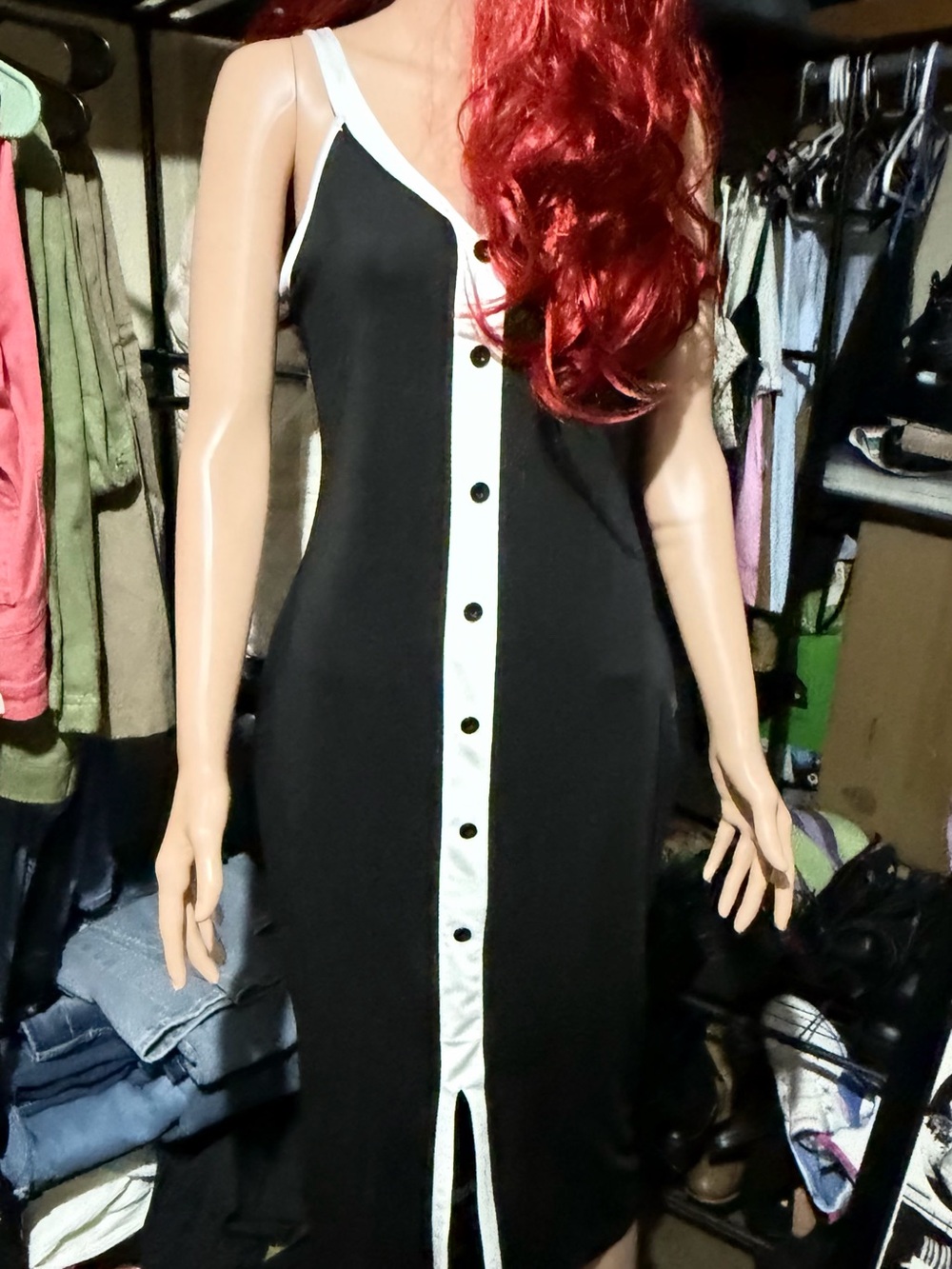 Source Unknown Black and White Button-Trim Midi Dress